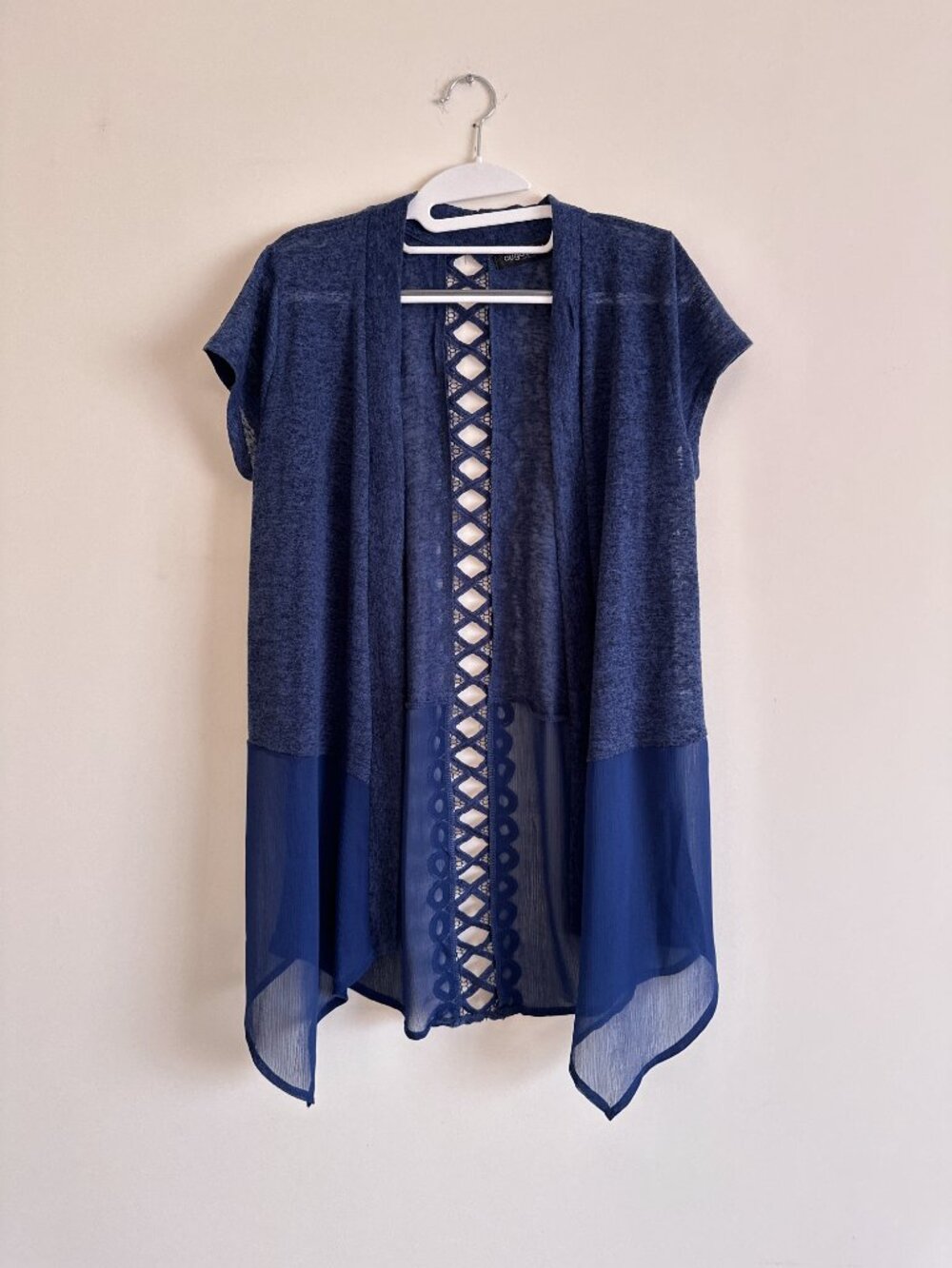 Short Sleeve Open Front Cardigan with Mix Media Cut-Out Design in Back